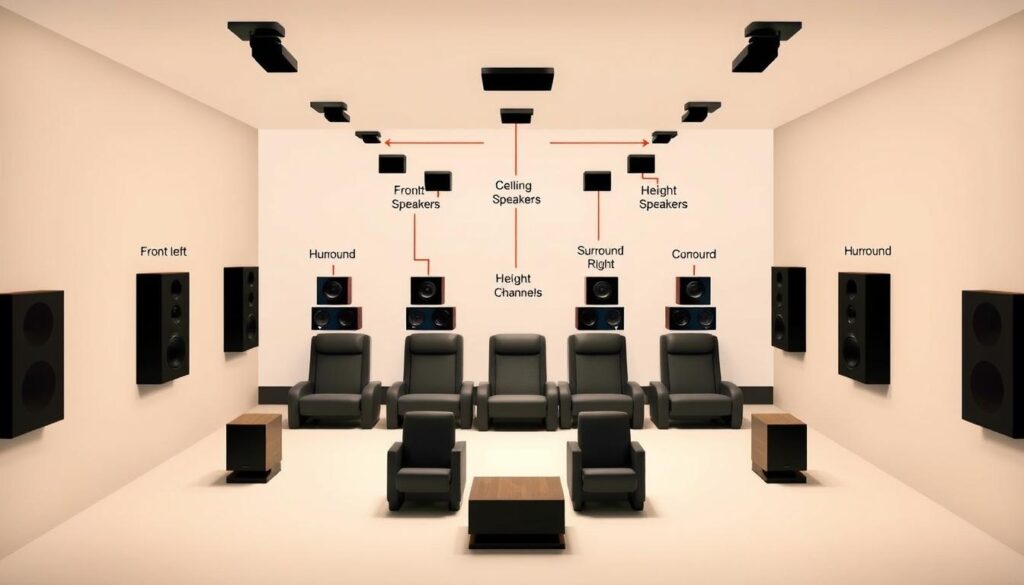 A comprehensive Dolby Atmos speaker placement diagram for home theaters, featuring a detailed layout to illustrate 5.1.4 and 7.1.4 audio setups. In the foreground, clearly labeled speaker locations are shown, including front left, front right, center, surround left, surround right, and ceiling speakers positioned overhead for height channels. The middle section showcases the seating arrangement, emphasizing optimal listening positions relative to the speakers. The background includes a simple, unobtrusive room outline, with neutral colors and soft lighting creating a professional and informative atmosphere. Use a slightly elevated angle for a better perspective of the layout, ensuring clarity and precision in the diagram’s details. No text or watermark elements are present, allowing easy integration into a visual presentation. A comprehensive Dolby Atmos speaker placement diagram for home theaters, featuring a detailed layout to illustrate 5.1.4 and 7.1.4 audio setups. In the foreground, clearly labeled speaker locations are shown, including front left, front right, center, surround left, surround right, and ceiling speakers positioned overhead for height channels. The middle section showcases the seating arrangement, emphasizing optimal listening positions relative to the speakers. The background includes a simple, unobtrusive room outline, with neutral colors and soft lighting creating a professional and informative atmosphere. Use a slightly elevated angle for a better perspective of the layout, ensuring clarity and precision in the diagram’s details. No text or watermark elements are present, allowing easy integration into a visual presentation.