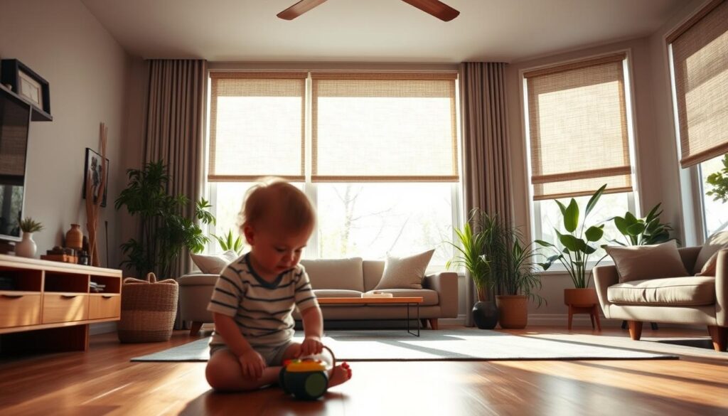 A cozy, modern living room featuring motorized shades with child safety features. In the foreground, a child safely plays with a toy, away from any cords. The shades softly filter natural light, creating a warm, inviting atmosphere. In the middle ground, the motorized shades are elegantly installed on large windows, showcasing their seamless integration into the decor. The shades are made of fabric with a gentle pattern, emphasizing style and functionality. The background shows a well-lit room adorned with plants and comfortable furniture, highlighting privacy and tranquility. The image captures a sense of comfort and safety, with soft, diffused sunlight illuminating the scene, while a professional lens enhances clarity and detail.