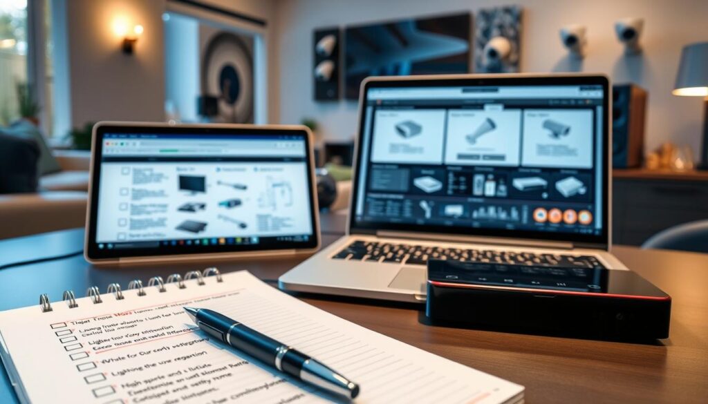 A detailed whole-home integration testing checklist displayed on a modern workspace desk. In the foreground, a sleek notepad filled with checkboxes and notes regarding lighting, security, and sound system integrations. A stylish pen rests beside it. The middle ground showcases a professional-looking laptop with diagrams and system interfaces on the screen, surrounded by small electronic devices representing various home systems. In the background, a softly lit room illustrates a cozy living environment with ambient lighting, security cameras discreetly placed, and high-quality speakers integrated into the design. The atmosphere conveys professionalism and attention to detail. The image captures the essence of thorough testing and commissioning in modern home automation. A detailed whole-home integration testing checklist displayed on a modern workspace desk. In the foreground, a sleek notepad filled with checkboxes and notes regarding lighting, security, and sound system integrations. A stylish pen rests beside it. The middle ground showcases a professional-looking laptop with diagrams and system interfaces on the screen, surrounded by small electronic devices representing various home systems. In the background, a softly lit room illustrates a cozy living environment with ambient lighting, security cameras discreetly placed, and high-quality speakers integrated into the design. The atmosphere conveys professionalism and attention to detail. The image captures the essence of thorough testing and commissioning in modern home automation.