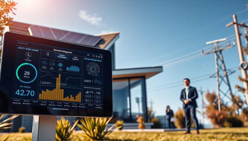 A futuristic home equipped with advanced energy management technology, emphasizing utility integrations and demand-response incentives. In the foreground, a sleek smart home display interface shows real-time energy consumption data and analytics, with graphs and icons indicating responsiveness to peak demand. The middle ground features a modern home with solar panels on the roof and energy-efficient appliances visible through large glass windows, showcasing a blend of sustainability and innovation. In the background, utility company representatives in professional attire are discussing energy incentives under a clear blue sky. Warm, natural lighting illuminates the scene, creating a sense of optimism and progress towards energy efficiency. The perspective is slightly elevated, capturing the harmonious integration of technology and nature.