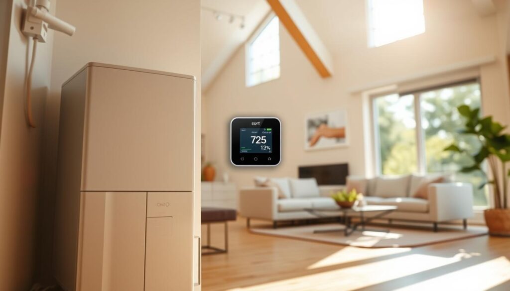 A high-efficiency heat pump installation in a modern home interior. In the foreground, a sleek, contemporary heat pump unit is prominently displayed, with visible controls and a digital display. In the middle ground, a smart thermostat is showcased on a stylish wall, with a minimalist design and touch interface, indicating energy monitoring features. In the background, sunlight streams through large windows, illuminating a cozy living room with energy-efficient elements like radiant floor heating panels and an Energy Recovery Ventilator (ERV) unit discreetly integrated into the design. The atmosphere is warm and inviting, with soft, natural lighting enhancing the sense of comfort and innovation. The perspective is slightly angled from above, creating depth and focus on the energy-efficient technologies within a beautifully designed home.