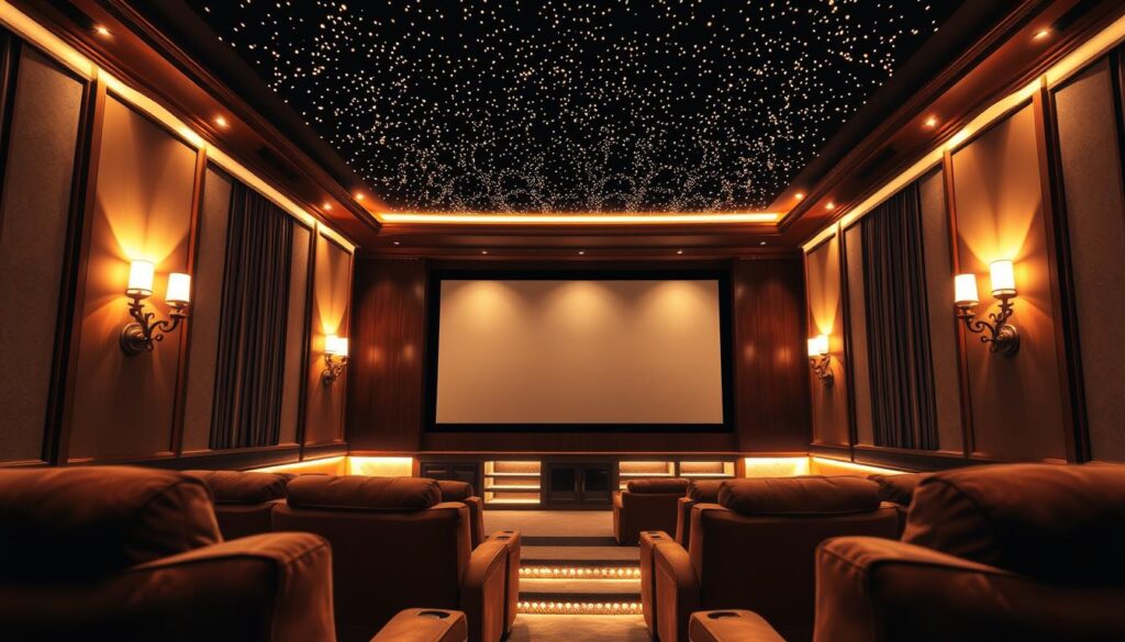 A luxurious home theater interior showcasing sophisticated lighting design. In the foreground, elegant wall sconces emit a warm, ambient glow, accentuating plush velvet seating. In the middle, gently illuminated step lights guide the viewer's eye towards a grand screen framed in rich dark wood. Above, a stunning star ceiling twinkles with miniature LED lights, creating a celestial effect. The overall atmosphere is cozy and inviting, perfect for film nights. The camera angle captures the depth of the room, emphasizing the interplay of light and shadow. Soft lighting enhances the richness of colors, while a cinematic lens focuses on the intricate details of the lighting fixtures. The mood is serene and upscale, inviting viewers to experience the luxury of a well-designed media space. A luxurious home theater interior showcasing sophisticated lighting design. In the foreground, elegant wall sconces emit a warm, ambient glow, accentuating plush velvet seating. In the middle, gently illuminated step lights guide the viewer's eye towards a grand screen framed in rich dark wood. Above, a stunning star ceiling twinkles with miniature LED lights, creating a celestial effect. The overall atmosphere is cozy and inviting, perfect for film nights. The camera angle captures the depth of the room, emphasizing the interplay of light and shadow. Soft lighting enhances the richness of colors, while a cinematic lens focuses on the intricate details of the lighting fixtures. The mood is serene and upscale, inviting viewers to experience the luxury of a well-designed media space.