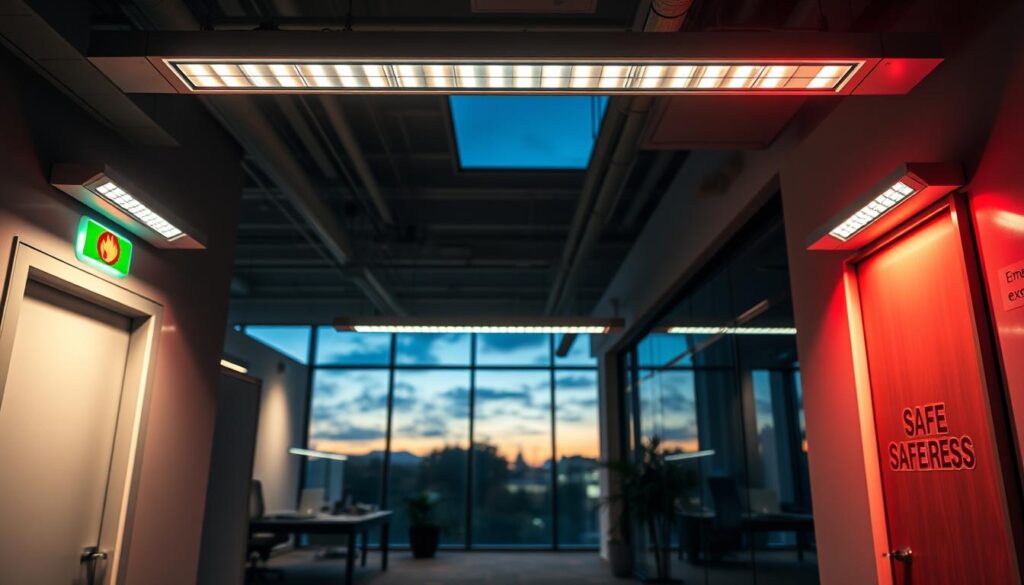 A modern, high-tech emergency lighting system integrated into a commercial building interior. In the foreground, sleek LED emergency lights illuminate an exit path with vibrant red and green indicators, showing "Fire" and "Safe Egress" statuses. The middle features a spacious, well-organized office environment with subtle lighting that transitions to emergency mode, showcasing safety signage. In the background, large windows reveal a dusky sky, enhancing the urgency of the scene. The atmosphere is charged with a sense of preparedness and security, with shadows casting dynamically across the walls. The image is captured from a low angle, emphasizing the lighting fixtures while maintaining a clear view of the safe egress routes, ensuring clarity and focus. A modern, high-tech emergency lighting system integrated into a commercial building interior. In the foreground, sleek LED emergency lights illuminate an exit path with vibrant red and green indicators, showing "Fire" and "Safe Egress" statuses. The middle features a spacious, well-organized office environment with subtle lighting that transitions to emergency mode, showcasing safety signage. In the background, large windows reveal a dusky sky, enhancing the urgency of the scene. The atmosphere is charged with a sense of preparedness and security, with shadows casting dynamically across the walls. The image is captured from a low angle, emphasizing the lighting fixtures while maintaining a clear view of the safe egress routes, ensuring clarity and focus.