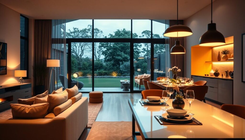 A modern luxury home interior showcasing human-centric lighting in various lifestyle moments. In the foreground, a cozy living room with soft, warm lighting creates an inviting atmosphere, featuring elegantly designed furniture and tasteful decor. Medium-view captures a beautifully set dining table illuminated with adjustable lighting that enhances the dining experience. In the background, large windows reveal a scenic garden view bathed in natural daylight. The scene exudes a harmonious blend of functionality and aesthetics, giving a sense of wellness and relaxation. Use soft focus on the edges with sharpness on the central elements to draw attention. The mood is tranquil and sophisticated, emphasizing balance and control in lighting design, ideal for enhancing beauty and health. A modern luxury home interior showcasing human-centric lighting in various lifestyle moments. In the foreground, a cozy living room with soft, warm lighting creates an inviting atmosphere, featuring elegantly designed furniture and tasteful decor. Medium-view captures a beautifully set dining table illuminated with adjustable lighting that enhances the dining experience. In the background, large windows reveal a scenic garden view bathed in natural daylight. The scene exudes a harmonious blend of functionality and aesthetics, giving a sense of wellness and relaxation. Use soft focus on the edges with sharpness on the central elements to draw attention. The mood is tranquil and sophisticated, emphasizing balance and control in lighting design, ideal for enhancing beauty and health.