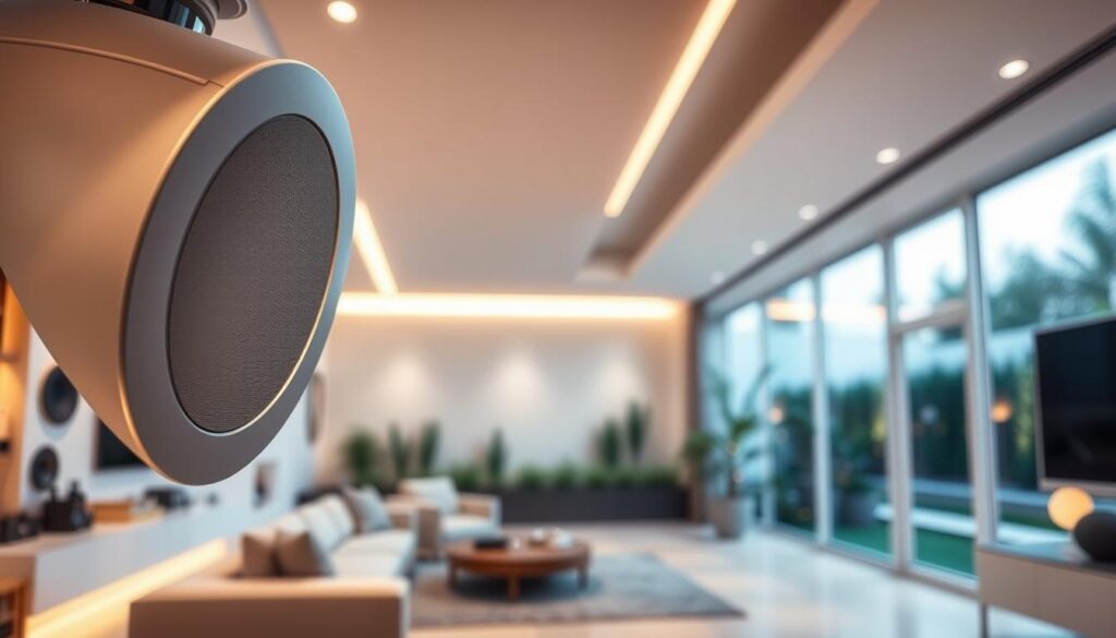 A modern multiroom audio speaker installation in a stylish living space, featuring a blend of in-ceiling and in-wall speakers seamlessly integrated into the architecture. The foreground showcases a close-up view of a sleek in-ceiling speaker, with a minimalist design. In the middle ground, a spacious, open living area with a contemporary aesthetic, where invisible and landscape speakers are subtly placed along the walls and gardens. Soft, ambient lighting enhances the atmosphere, creating a warm and inviting feel. The background reveals large windows allowing natural light to filter in, highlighting the speaker placements without overpowering the scene. The image conveys a sense of innovation and comfort, ideal for whole-home audio solutions, encapsulating modern living with integrated technology.