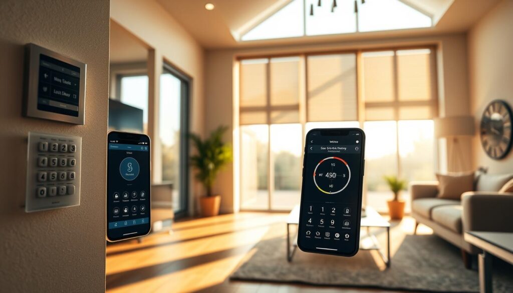 A modern smart home automated shading control system featuring sleek motorized shades, elegantly integrated into a contemporary living room. In the foreground, a stylish keypad mounted on the wall and a smartphone showing a user-friendly app interface for seamless control. The middle ground displays the motorized shades partially drawn, filtering natural light into the room, highlighting a cozy ambiance. Sunlight streams in through large windows, casting delicate shadows on the wooden floor. In the background, subtle elements of sun tracking technology and an astronomical clock softly blend into the environment, enhancing the sophisticated setup. The lighting is warm and inviting, with a focus on creating a serene and technologically advanced atmosphere. The scene is captured from a low angle to emphasize the shades and control systems, delivering a sense of innovation and comfort.