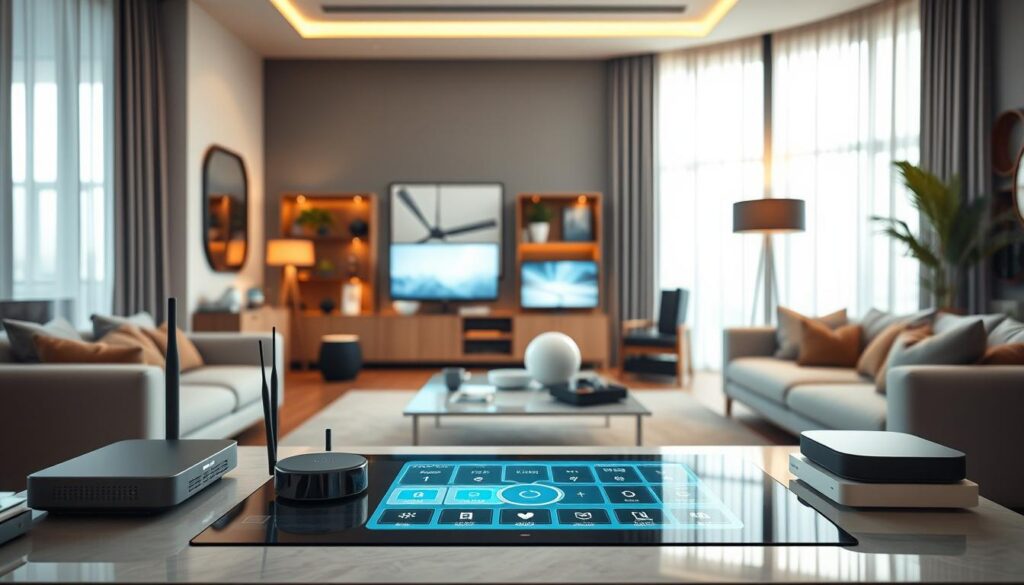 A modern smart home network infrastructure setup, featuring sleek, interconnected devices, routers, and hubs prominently displayed in an elegant home environment. In the foreground, a stylish tech-savvy living space with a high-tech coffee table displaying a digital interface, showcasing smart home controls. In the middle, an array of devices including smart speakers, intelligent lighting systems, and interactive displays, seamlessly integrated into a luxurious interior. The background reveals a bright room with natural light filtering through large windows, accentuating the modern furniture and decor. Use warm, inviting lighting to create an atmosphere of comfort and innovation. Capture this scene from a slightly elevated angle, emphasizing the harmony between technology and luxury living.