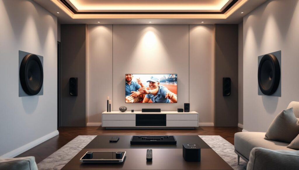 A stylish living room showcasing architectural speakers seamlessly integrated into the walls, emphasizing their sleek design. In the foreground, a modern coffee table with a few tech gadgets like a remote control and a tablet, hinting at source sharing. The middle ground features a high-definition television with vibrant visuals, illustrating TV audio handoff. The architectural speakers are subtly lit with soft accent lighting, casting gentle shadows that enhance their contours. The background includes elegant, minimalist decor, with serene shades of gray and white, creating a calm atmosphere. A warm, inviting glow fills the room, evoking a sense of comfort. The angle captures both the speakers and the TV, highlighting their synergy in delivering synchronized audio.