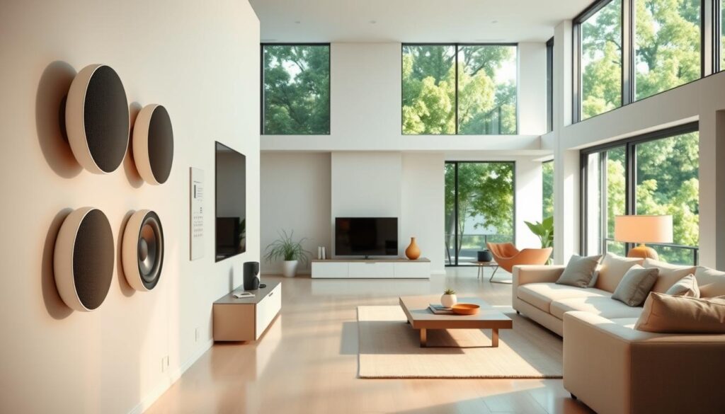 In a modern luxury living space, showcase a collection of design-forward smart home devices. In the foreground, display sleek architectural speakers mounted elegantly on the walls, blending seamlessly with the minimalist decor. Include invisible panels that are integrated into the wall, showcasing a seamless aesthetic. Trimless keypads are subtly positioned, enhancing the overall sleek design. The middle ground features a spacious and airy open-plan living area with abundant natural light streaming in through large windows, highlighting a refined color palette of whites and soft neutrals. The background hints at lush greenery outside, creating a tranquil atmosphere. Use warm, inviting lighting to illuminate the space, focusing on the devices, captured with a wide-angle lens to emphasize the sleek integration of technology into luxury living.