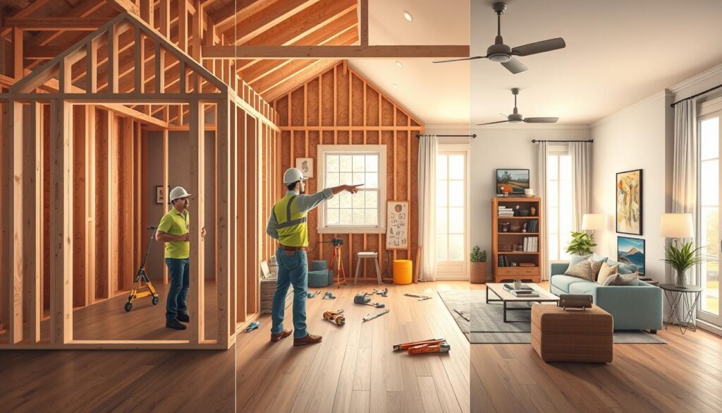 A detailed illustration depicting the three phases of smart home construction: pre-drywall, trim-out, and post-move. In the foreground, show a partially built home with exposed framing and electrical wiring during the pre-drywall phase, highlighted by construction workers in professional attire, discussing their plans. In the middle, transition to the trim-out phase with tools scattered around, showing installed smart devices like outlets and smart thermostats, and a bright, airy window illuminating the space. In the background, depict a fully completed smart home environment with stylish furnishings, automated lighting, and a smart home hub, under warm, inviting lighting. The atmosphere conveys innovation and efficiency, encouraging a sense of progress and modern living. Use a wide-angle lens to capture the seamless flow between these stages. A detailed illustration depicting the three phases of smart home construction: pre-drywall, trim-out, and post-move. In the foreground, show a partially built home with exposed framing and electrical wiring during the pre-drywall phase, highlighted by construction workers in professional attire, discussing their plans. In the middle, transition to the trim-out phase with tools scattered around, showing installed smart devices like outlets and smart thermostats, and a bright, airy window illuminating the space. In the background, depict a fully completed smart home environment with stylish furnishings, automated lighting, and a smart home hub, under warm, inviting lighting. The atmosphere conveys innovation and efficiency, encouraging a sense of progress and modern living. Use a wide-angle lens to capture the seamless flow between these stages.