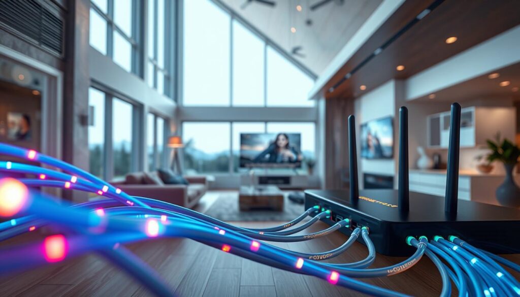 A detailed illustration of a fiber backbone home network, showcasing sleek, modern wiring running throughout a stylish, open-concept home environment. In the foreground, emphasize fiber optic cables glowing softly with vibrant colors, interconnected with precision to a router displaying indicators of high-speed data transfer. The middle ground features a living area with a high-definition display screen showcasing crisp 8K content, highlighting the advanced technology supported by the network. In the background, large windows allow natural light to stream in, enhancing the ambiance. Use a wide-angle lens perspective to capture the entire scene, with a focus on the interplay of light and shadow to create depth and a futuristic feel. Atmosphere: contemporary, innovative, and tech-savvy.