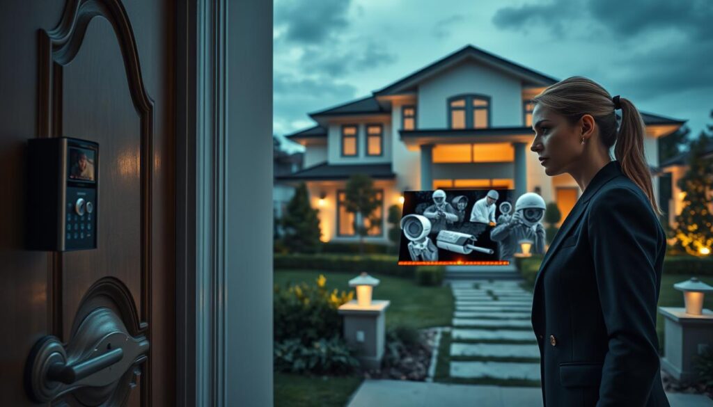 A dramatic scene depicting a high-tech luxury home security system in action during a panic emergency. In the foreground, a professional woman in business attire, with a focused expression, interacts with a modern video intercom system located by an ornate door. The middle ground illustrates a high-resolution video display showcasing multiple camera feeds detecting unusual activity around the home's perimeter, with flickering alerts and highlighted intrusions. In the background, a sleek, modern luxury home stands illuminated, surrounded by a well-defined, lush garden and smart security features like motion sensors and floodlights. Soft, ambient lighting enhances the tension in the scene, while a slight vignette effect directs attention to the central figures, creating an atmosphere of urgency and sophistication.