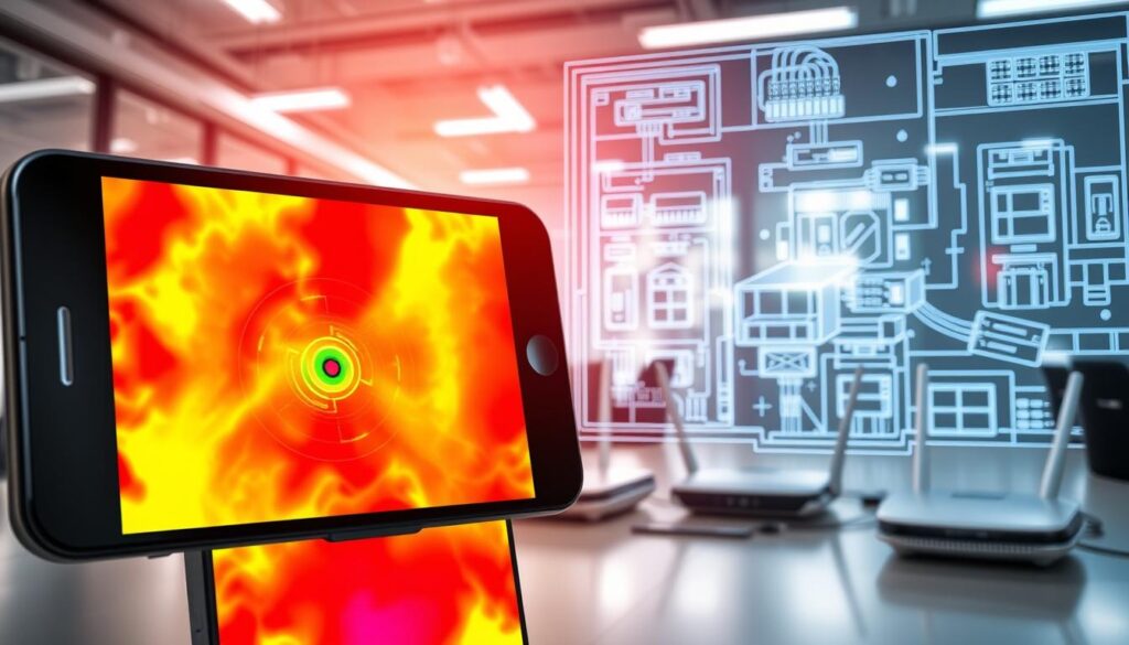 A highly detailed and vibrant image showcasing a Wi-Fi 7 heatmap optimization. In the foreground, display a digital smartphone or laptop screen showing a vivid, color-coded heatmap indicating signal strength, with various zones colored from red to green. In the middle ground, depict a modern office or workspace with strategically placed Wi-Fi routers and access points, positioned for optimal performance. In the background, include a stylized blueprint overlay that features Ethernet wiring diagrams and architectural layouts. The lighting should be bright and professional, highlighting the technological aspects. Capture a futuristic atmosphere, suggesting innovation and advanced networking solutions, while maintaining a clean and organized look.