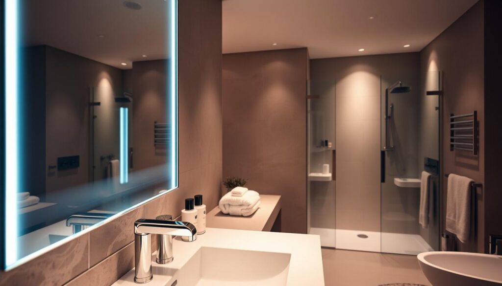 A modern bathroom featuring smart mirrors embedded with anti-fog technology, set in a luxurious spa-like environment. In the foreground, a sleek, frameless mirror reflects soft ambient lighting, showcasing its crystal-clear surface without fog. The middle ground includes a stylish countertop adorned with high-end toiletries and a plush towel rack, enhancing the sense of luxury. The background reveals a spacious thermostatic shower with elegant glass doors, illuminated by subtle recessed lights that create a warm, inviting atmosphere. The overall mood is serene and sophisticated, with a harmonious blend of technology and comfort. The composition captures the essence of modern bathroom innovation, focusing on the interplay of light and high-tech features.