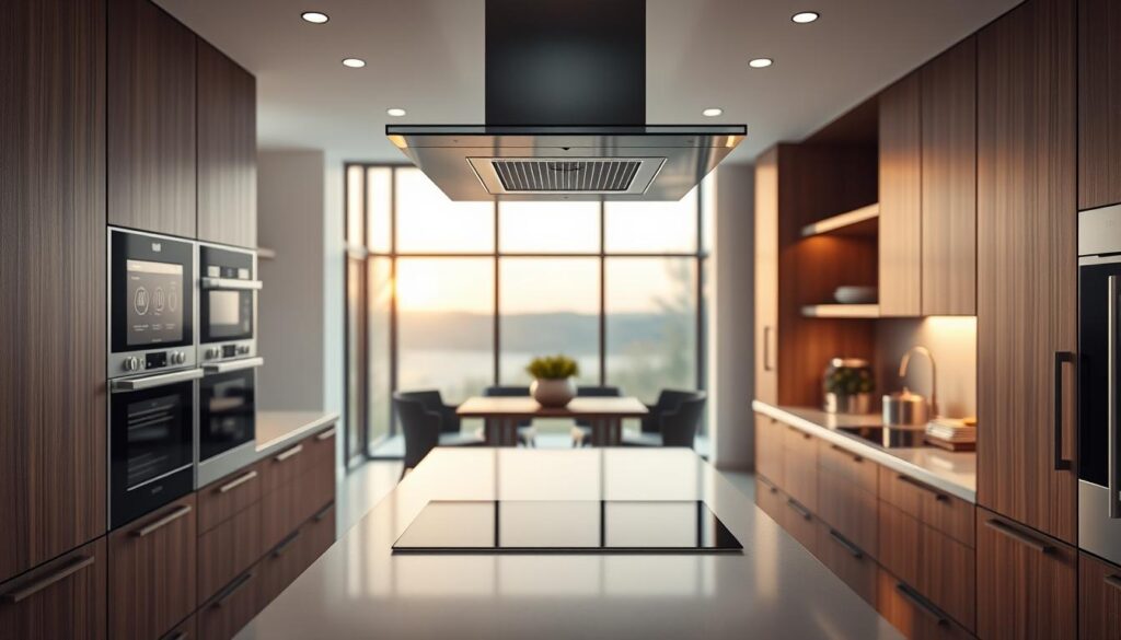 A modern kitchen featuring sleek, high-end smart appliances seamlessly integrated into elegant cabinetry. In the foreground, a sophisticated touchscreen control panel displays energy-efficient power management options. In the middle, a state-of-the-art ventilation hood hovers above a minimalist induction cooktop, designed to quietly blend with the space. Soft, warm lighting illuminates the kitchen, creating a cozy yet luxurious atmosphere. The background reveals large windows that flood the area with natural light, showcasing a serene outdoor view. The kitchen layout emphasizes efficiency, with organized workspaces and strategically placed sensors monitoring air quality. Use a wide-angle lens to capture the entire scene, emphasizing the harmonious blend of technology and modern design while evoking a sense of tranquility and sophistication.