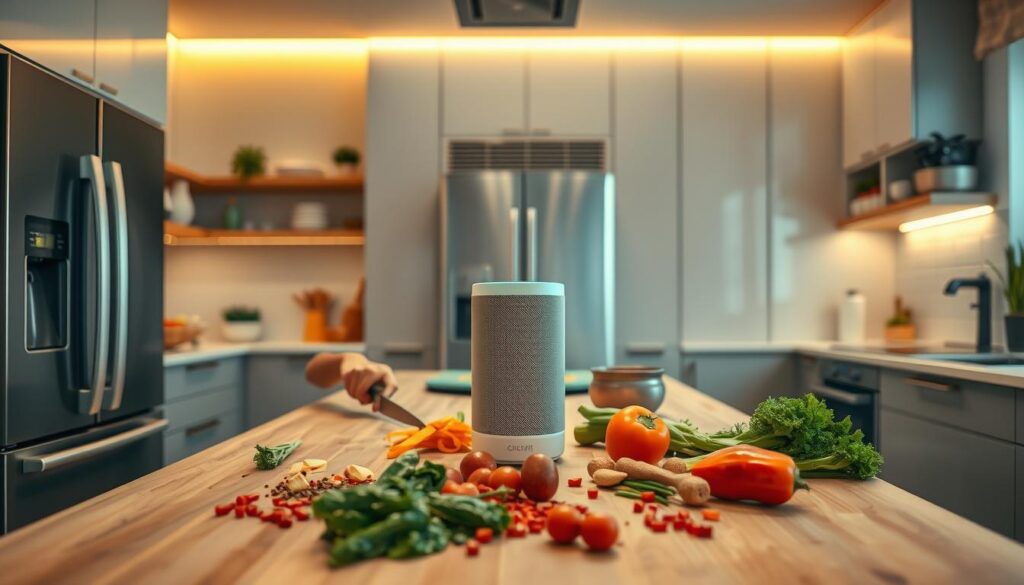 A modern kitchen setting with sleek appliances and high-tech gadgets, featuring a central island where a person (dressed in modest casual clothing) is following a voice-guided recipe using a smart speaker. The foreground captures the chef's hands as they chop ingredients, showcasing fresh vegetables and spices scattered around. In the middle, the smart speaker glows softly, displaying visual indicators of voice commands. The background shows vibrant kitchen decor with hints of automation like a smart fridge and connected oven. The lighting is bright and warm, creating an inviting atmosphere, while a slight soft focus effect enhances the sense of workflow automation in an intelligent kitchen. The angle is a dynamic overhead view, emphasizing the hands-free cooking experience.