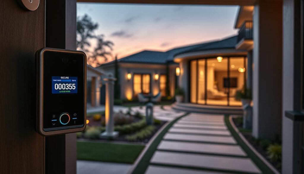 A modern luxury home entrance with a sophisticated video intercom system visible in the foreground. The intercom features a sleek touchscreen displaying a secure time-boxed access code, glowing softly in warm light. In the middle ground, a stylish outdoor area is meticulously landscaped, showcasing high-tech security elements like perimeter sensors and elegant outdoor lighting. The background reveals an upscale home with large glass doors and soft ambient light pouring out, suggesting a welcoming atmosphere. Natural twilight paints the sky in deep hues, creating a serene yet secure environment. The composition is framed in a way that emphasizes security without feeling ominous, capturing the essence of high-end home access control.