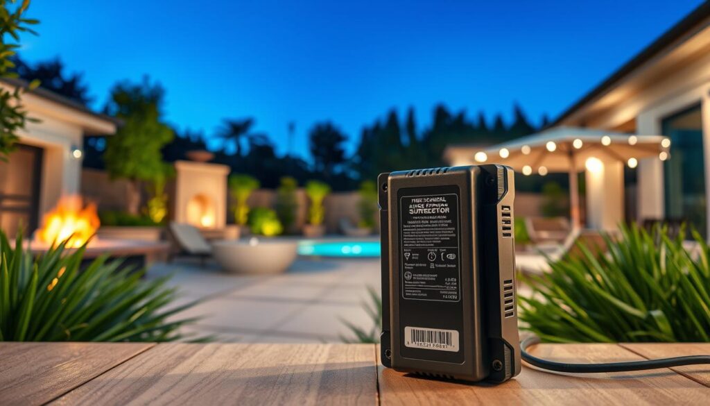 A modern outdoor setting showcasing a robust network surge protection system, prominently placed in the foreground. The surge protector is sleek and weather-resistant, labeled with technical specifications like voltage and amperage ratings. Lush greenery surrounds the device, with a stylish patio in the background featuring a contemporary fire pit and a sparkling pool, illuminated by warm landscape lighting. A clear blue sky overhead enhances the scene, creating a serene and inviting atmosphere. The image is captured at eye level with a soft bokeh effect to emphasize the surge protector while keeping the outdoor automation features subtly in focus. Ideal for conveying the sophistication of outdoor living automation in a vibrant and professional context. A modern outdoor setting showcasing a robust network surge protection system, prominently placed in the foreground. The surge protector is sleek and weather-resistant, labeled with technical specifications like voltage and amperage ratings. Lush greenery surrounds the device, with a stylish patio in the background featuring a contemporary fire pit and a sparkling pool, illuminated by warm landscape lighting. A clear blue sky overhead enhances the scene, creating a serene and inviting atmosphere. The image is captured at eye level with a soft bokeh effect to emphasize the surge protector while keeping the outdoor automation features subtly in focus. Ideal for conveying the sophistication of outdoor living automation in a vibrant and professional context.