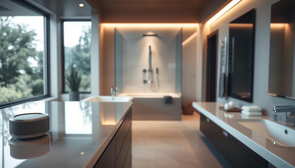 A modern smart bathroom showcasing seamless audio integration, with sleek, minimalist design elements. In the foreground, an elegant countertop with smart speakers designed to blend into the decor, emitting soft, ambient light. The middle of the scene features a luxurious thermostatic shower with chrome accents, surrounded by heated surfaces that gleam under soft, warm lighting. In the background, a large window allows natural light to flood the space, reflecting off the smooth tiles. The atmosphere is serene and inviting, with hints of lush greenery visible outside. The angle captures the entire layout, inviting viewers to imagine a spa-like experience at home.