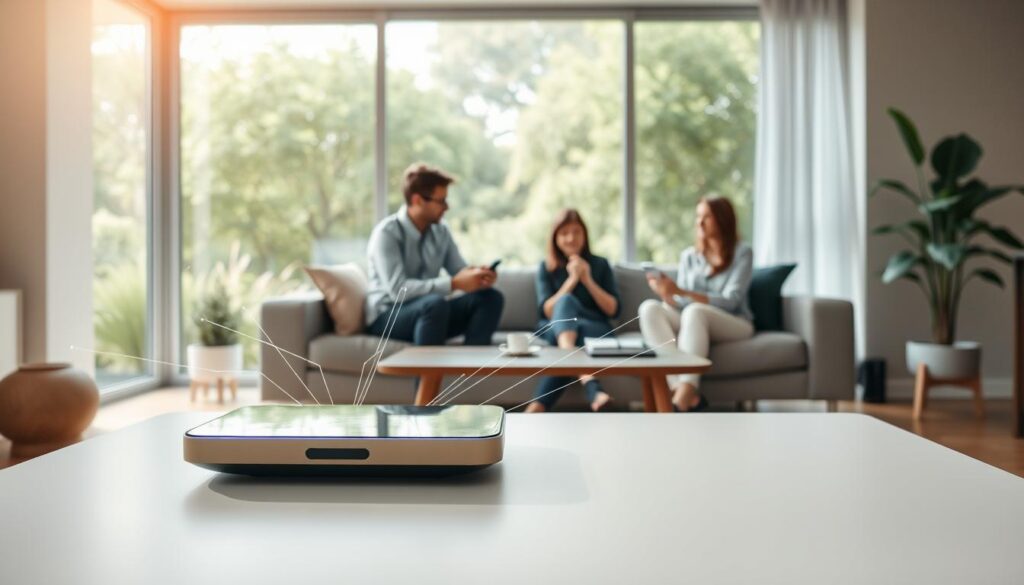 A serene, modern smart home interior showcasing data privacy and local processing principles. In the foreground, a sleek, high-tech device sits on a minimalist coffee table, emanating subtle, glowing lines to represent secure data flow. In the middle, a family gathers around the table, engaged in conversation while using voice-activated interfaces; they are dressed in professional casual attire. The background features large windows displaying a lush garden, symbolizing transparency and openness. Soft, natural light filters through, creating a warm atmosphere that conveys comfort and security. The angle is slightly elevated, focusing on the connection between the family and their technology, illustrating a harmonious balance between innovation and privacy.