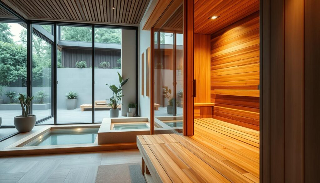A sleek modern home sauna installation exuding luxury and wellness. In the foreground, beautifully crafted wooden sauna panels highlight natural textures, with a subtle glow from strategically placed soft lighting. To the side, a framed cold plunge tub integrates seamlessly, reflecting a contemporary aesthetic. In the middle ground, light filters through large glass windows showcasing a serene outdoor garden view, adding a touch of nature. The background features minimalist décor with potted plants and a calming color palette. The atmosphere is one of relaxation and sophistication, capturing the essence of modern spa features. The scene is viewed from a low angle to emphasize depth and luxury, with warm lighting settings that evoke a tranquil ambiance. A sleek modern home sauna installation exuding luxury and wellness. In the foreground, beautifully crafted wooden sauna panels highlight natural textures, with a subtle glow from strategically placed soft lighting. To the side, a framed cold plunge tub integrates seamlessly, reflecting a contemporary aesthetic. In the middle ground, light filters through large glass windows showcasing a serene outdoor garden view, adding a touch of nature. The background features minimalist décor with potted plants and a calming color palette. The atmosphere is one of relaxation and sophistication, capturing the essence of modern spa features. The scene is viewed from a low angle to emphasize depth and luxury, with warm lighting settings that evoke a tranquil ambiance.
