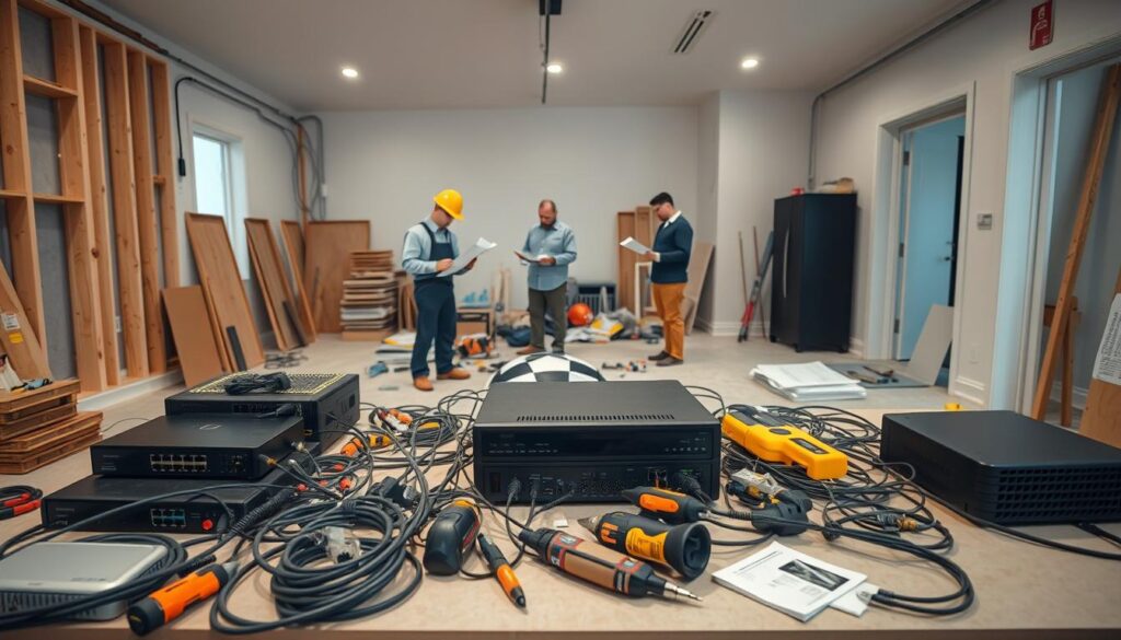 A temporary network setup during a construction phase in a modern home interior. In the foreground, various networking equipment like routers, cables, and a portable workstation are organized on a table cluttered with tools. In the middle, construction workers in professional attire are setting up the equipment, examining blueprints, and connecting cables. The background reveals an unfinished room with bare walls, exposed wiring, and construction materials scattered around, emphasizing the transitional phase. Soft, diffused lighting illuminates the scene, casting gentle shadows, while a wide-angle lens captures the entirety of the setup. The atmosphere is industrious yet focused, highlighting the importance of reliable connectivity during renovations. A temporary network setup during a construction phase in a modern home interior. In the foreground, various networking equipment like routers, cables, and a portable workstation are organized on a table cluttered with tools. In the middle, construction workers in professional attire are setting up the equipment, examining blueprints, and connecting cables. The background reveals an unfinished room with bare walls, exposed wiring, and construction materials scattered around, emphasizing the transitional phase. Soft, diffused lighting illuminates the scene, casting gentle shadows, while a wide-angle lens captures the entirety of the setup. The atmosphere is industrious yet focused, highlighting the importance of reliable connectivity during renovations.