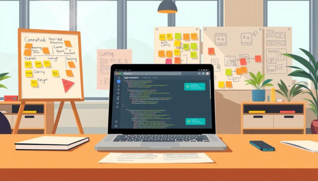 A visually engaging illustration of "LLM automations naming conventions," set in a modern workspace. In the foreground, a carefully arranged desk features a sleek laptop displaying lines of code and flowcharts, emphasizing design-led automation. Mid-ground elements include whiteboards filled with colorful sticky notes and sketches depicting naming patterns and scene designs, highlighting clarity and high accuracy. In the background, large windows illuminate the space with natural light, casting soft shadows and creating a professional yet inviting atmosphere. The image should have a warm color palette, encouraging creativity and innovation, with a focus on organization and clarity, conveying the essence of efficient communication in AI-driven smart home design.