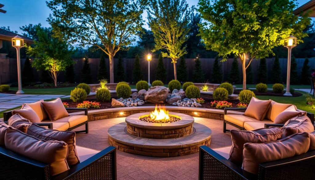 An elegant outdoor fire feature with safety interlocks, situated in a beautifully landscaped backyard. In the foreground, a circular stone fire pit surrounded by plush, weather-resistant seating, illuminated by soft, ambient lighting. The middle ground features finely manicured foliage and decorative stones, creating a natural barrier around the fire area. In the background, modern outdoor lighting fixtures highlight the trees, casting a warm glow. The scene is captured at dusk, with a gentle twilight sky, enhancing the cozy, inviting atmosphere. The image conveys a sense of safety and sophistication, emphasizing both the beauty and functionality of outdoor living spaces. An elegant outdoor fire feature with safety interlocks, situated in a beautifully landscaped backyard. In the foreground, a circular stone fire pit surrounded by plush, weather-resistant seating, illuminated by soft, ambient lighting. The middle ground features finely manicured foliage and decorative stones, creating a natural barrier around the fire area. In the background, modern outdoor lighting fixtures highlight the trees, casting a warm glow. The scene is captured at dusk, with a gentle twilight sky, enhancing the cozy, inviting atmosphere. The image conveys a sense of safety and sophistication, emphasizing both the beauty and functionality of outdoor living spaces.