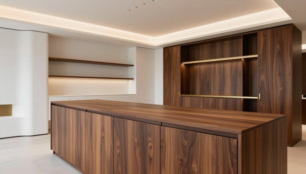 A beautifully designed luxury interior space highlighting custom millwork and high-end finishes. In the foreground, showcase detailed cabinetry with pencil reveals and shadow gaps, featuring rich wood textures and a smooth, polished surface. In the middle, incorporate elegant shelving and built-in furniture that reflects a sculpted minimalist aesthetic, with clean lines and harmonious proportions. In the background, soft ambient lighting creates a warm atmosphere, enhancing the details of the millwork. The perspective should be slightly elevated, with a wide-angle lens capturing the full breadth of the room's design. The color palette includes warm whites, deep browns, and subtle gold accents, contributing to an upscale, tranquil ambiance perfect for a sophisticated urban penthouse. The scene should evoke feelings of luxury and meticulous craftsmanship.
