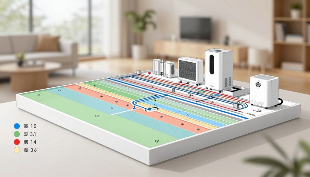 A detailed, technical illustration of a climate zoning and air filtration system diagram. In the foreground, show color-coded zones representing different areas of a smart sanctuary, each with corresponding humidity levels and temperature controls. In the middle, integrate intricate pathways illustrating air circulation and filtration systems with labeled components like air purifiers and humidity sensors. The background features a soft, blurred indoor environment reflecting a serene and comfortable atmosphere, with muted lighting suggesting a calming ambiance. Use a perspective that emphasizes the complexity and efficiency of the system, reminiscent of a cross-section view. The overall mood should be innovative and clean, conveying advanced technology and sensory comfort without any text or distracting elements. A detailed, technical illustration of a climate zoning and air filtration system diagram. In the foreground, show color-coded zones representing different areas of a smart sanctuary, each with corresponding humidity levels and temperature controls. In the middle, integrate intricate pathways illustrating air circulation and filtration systems with labeled components like air purifiers and humidity sensors. The background features a soft, blurred indoor environment reflecting a serene and comfortable atmosphere, with muted lighting suggesting a calming ambiance. Use a perspective that emphasizes the complexity and efficiency of the system, reminiscent of a cross-section view. The overall mood should be innovative and clean, conveying advanced technology and sensory comfort without any text or distracting elements.