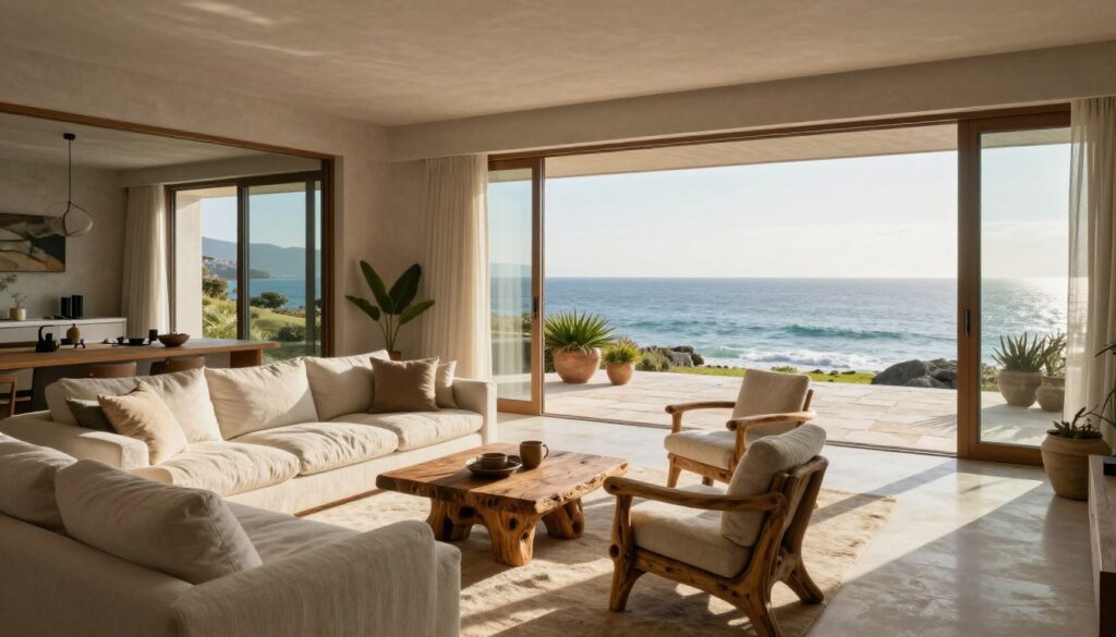 A luxurious coastal modern retreat interior featuring a seamless blend of indoor and outdoor living spaces. In the foreground, a beautifully arranged living area with plush, light-colored textiles, such as linen and soft wool, complemented by elegant driftwood furniture. The middle ground showcases expansive glass doors opening to a stunning ocean view, connecting the indoor and outdoor spaces. Sunlight streams in, casting warm, soft shadows and highlighting the textures of the materials used. The background reveals an outdoor terrace adorned with natural stone tiles and potted coastal plants, enhancing the serene atmosphere. A soft ocean breeze adds life, creating a tranquil yet stylish ambiance, ideal for a salt-air environment. Use a wide-angle lens for depth and a bright afternoon light to evoke warmth and comfort.
