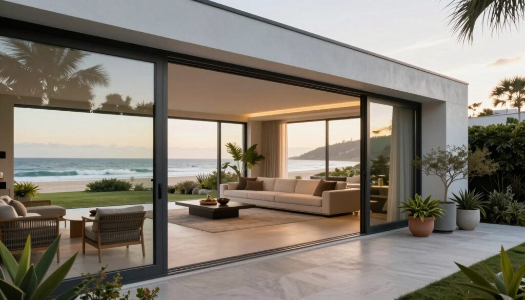 A sophisticated coastal modern retreat showcasing high-performance glazing for seamless indoor-outdoor living. In the foreground, elegant glass doors slide open to reveal a stylish deck area adorned with tasteful patio furniture and lush potted plants, inviting natural light. The middle ground features a spacious, contemporary living area with sleek lines, abundant natural light from the expansive windows, and a chic, understated color palette. The background includes a serene coastal landscape with gentle waves lapping against the shore, enhancing the tranquil atmosphere. The lighting is soft and warm, captured as if during golden hour, creating a welcoming and relaxed mood. The perspective is a wide-angle view, focusing on the interplay between architecture and nature.