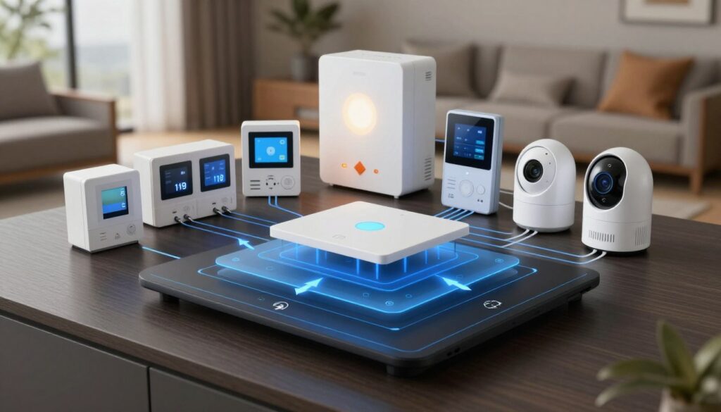 A sophisticated smart home system architecture depicted in a sleek, modern layout. In the foreground, a detailed diagram showcasing various control layers, with arrows and icons representing network connectivity and redundancy measures. In the middle ground, visualize interconnected devices such as smart thermostats, lighting fixtures, and security cameras, illustrated with precise wiring and data flow lines. The background features a subtle suggestion of a stylish home interior, enhancing the atmosphere of comfort and high-tech living. Soft, ambient lighting bathes the scene, emphasizing a serene yet technologically advanced environment. The angle is a slightly elevated perspective, capturing the complexity and elegance of the system architecture. The overall mood is innovative and inviting, reflecting a seamless blend of technology and everyday life. A sophisticated smart home system architecture depicted in a sleek, modern layout. In the foreground, a detailed diagram showcasing various control layers, with arrows and icons representing network connectivity and redundancy measures. In the middle ground, visualize interconnected devices such as smart thermostats, lighting fixtures, and security cameras, illustrated with precise wiring and data flow lines. The background features a subtle suggestion of a stylish home interior, enhancing the atmosphere of comfort and high-tech living. Soft, ambient lighting bathes the scene, emphasizing a serene yet technologically advanced environment. The angle is a slightly elevated perspective, capturing the complexity and elegance of the system architecture. The overall mood is innovative and inviting, reflecting a seamless blend of technology and everyday life.