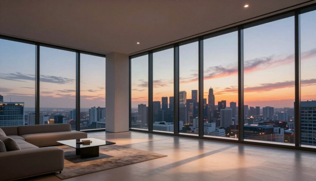 A stunning architectural penthouse scene showcasing negative space design, set against a vibrant city skyline at sunset. In the foreground, sleek minimalist furniture accentuates the open space, while expansive floor-to-ceiling windows reveal an unobstructed panoramic view of the city below, filled with skyscrapers and a colorful horizon. Wispy clouds catch the warm glow of the setting sun, adding depth to the background. Powerful overhead lighting highlights the geometric shapes of the architecture, casting intriguing shadows across the floor. The mood is one of serene sophistication and modern luxury, inviting contemplation and inspiration. Capture this scene from a low angle to emphasize the spaciousness, ensuring there are no captions or text overlays.