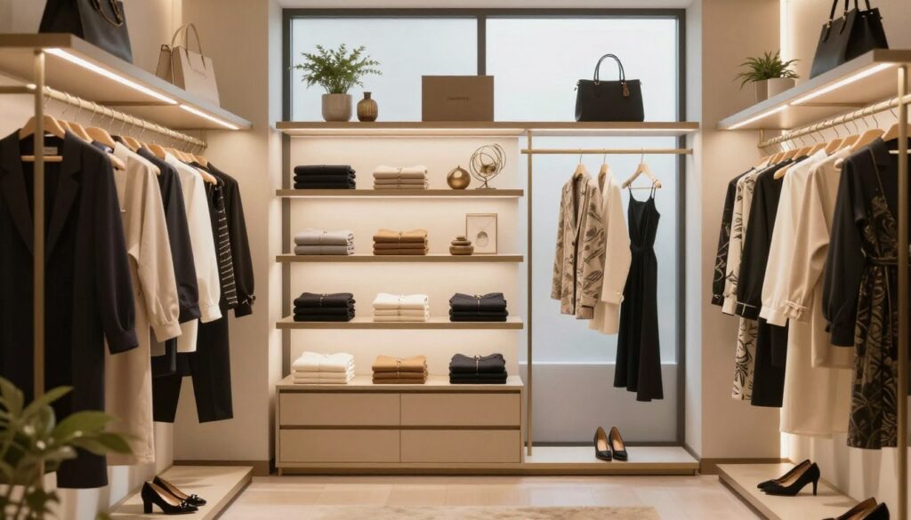 A beautifully designed closet atelier featuring elegant display lighting that highlights an array of stylish clothing and accessories. In the foreground, a well-organized clothing rack displays a selection of upscale fashion, with a pair of chic shoes elegantly placed beneath. In the middle, sleek shelves showcase neatly folded garments and intriguing decorative elements, all bathed in soft, warm lighting that creates a welcoming atmosphere. The background features a large, frosted window allowing natural light to filter through, enhancing the serene ambiance. A subtle touch of greenery from potted plants adds a fresh, calming vibe. The overall mood is luxurious, inviting, and meticulously curated, reflecting wellness and tranquility. A beautifully designed closet atelier featuring elegant display lighting that highlights an array of stylish clothing and accessories. In the foreground, a well-organized clothing rack displays a selection of upscale fashion, with a pair of chic shoes elegantly placed beneath. In the middle, sleek shelves showcase neatly folded garments and intriguing decorative elements, all bathed in soft, warm lighting that creates a welcoming atmosphere. The background features a large, frosted window allowing natural light to filter through, enhancing the serene ambiance. A subtle touch of greenery from potted plants adds a fresh, calming vibe. The overall mood is luxurious, inviting, and meticulously curated, reflecting wellness and tranquility.