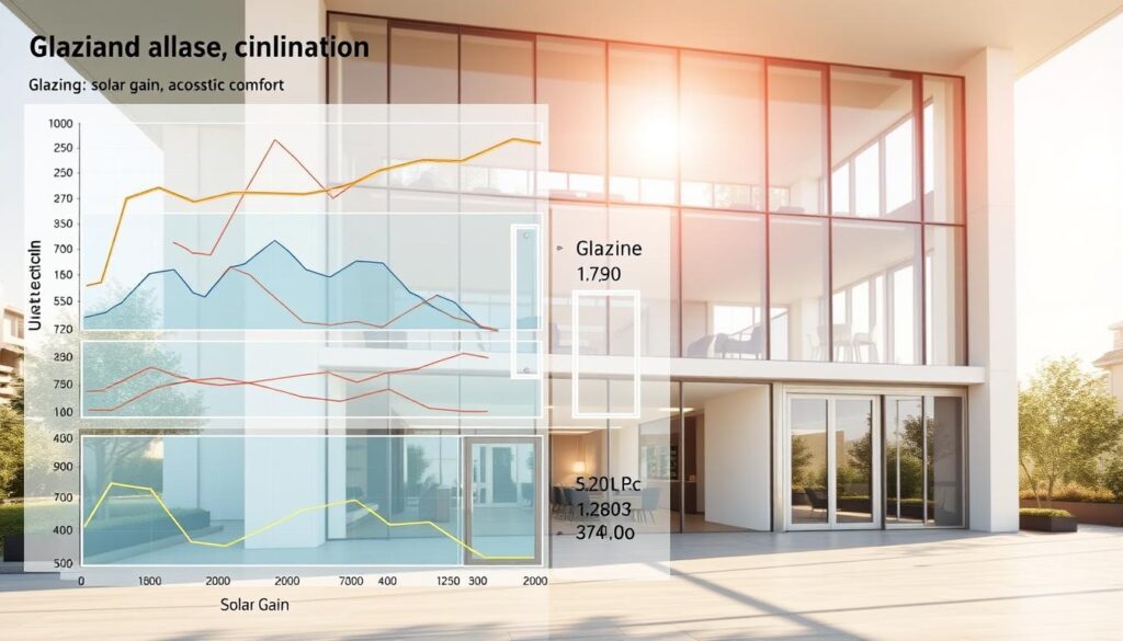 A detailed glazing strategy performance diagram, featuring multiple layers to illustrate U values, solar gain, and acoustic comfort. In the foreground, visual graphs and charts are seamlessly integrated, highlighting numerical data with smooth lines and contrasting colors. The middle ground displays architectural elements like windows and doors, designed with clear specifications and annotations for energy efficiency. The background shows an elegant modern building with ample glazing, blending indoor and outdoor spaces harmoniously, bathed in soft, natural sunshine that enhances the ambiance. The composition should utilize a clear, wide-angle view to capture the intricate details, evoking a mood of professionalism and insightful analysis, ideal for an architectural discussion. The scene should remain free of any text or branding.