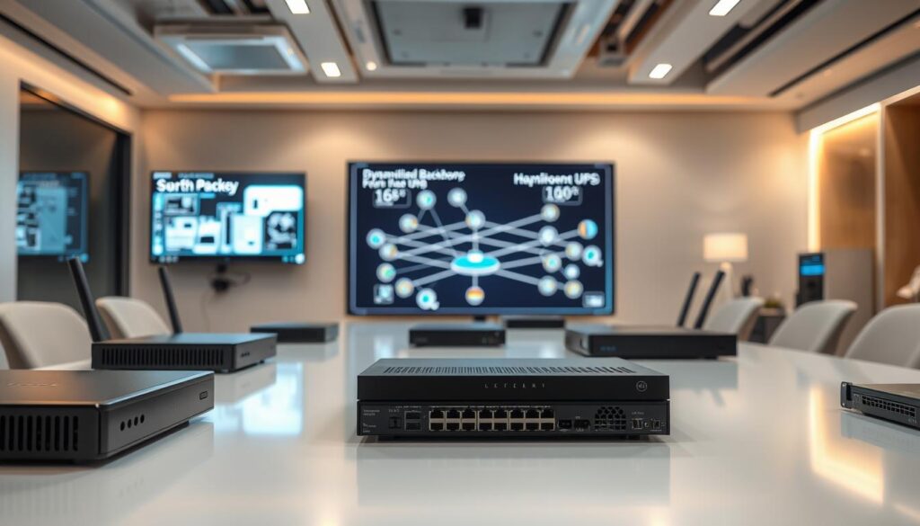 A detailed technological scene showcasing advanced network backbone planning for a smart home environment. In the foreground, sleek, modern hardware like routers and switches arranged methodically on a polished conference table, illuminated by soft, ambient lighting to create a professional atmosphere. In the middle ground, a 3D network diagram displayed on a large screen, featuring dynamic Wi-Fi heat maps, hardwired backbone layouts, and UPS systems, with a slight glow highlighting key data points. The background reveals an elegantly designed office space with high-tech cooling units and subtle hints of smart home devices. The camera angle is slightly elevated, giving a comprehensive view of this strategic planning session, evoking a sense of innovation and sophistication in a beautifully lit setting.