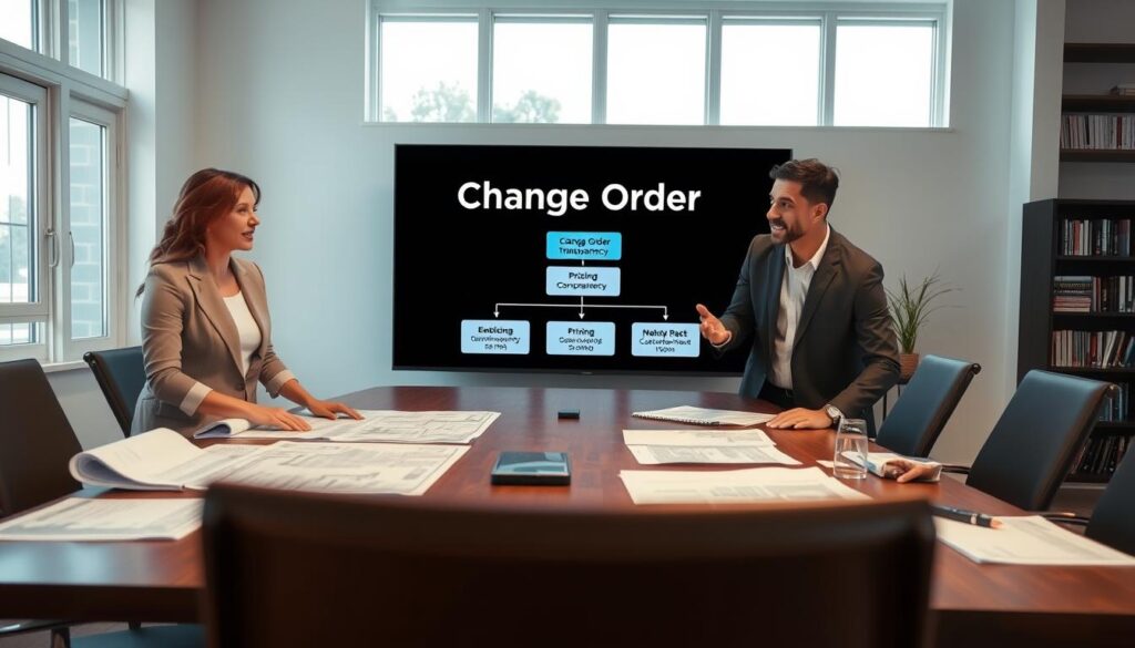 A dynamic office environment focused on a "change orders process" for home building, featuring a large conference table with blueprints and documents scattered across it. In the foreground, a diverse group of three professionals in business attire—one woman and two men—are engaged in discussion, with expressive gestures, to emphasize collaboration and decision-making. The middle ground displays a large digital screen showcasing a flowchart with "Change Order" highlighted, illustrating transparency in pricing, schedule impact, and signoff pathways. In the background, a large window lets in soft, natural light, creating an inviting atmosphere, while a bookshelf filled with design magazines adds depth. The image should convey a sense of teamwork, organization, and professionalism in the custom home building process.