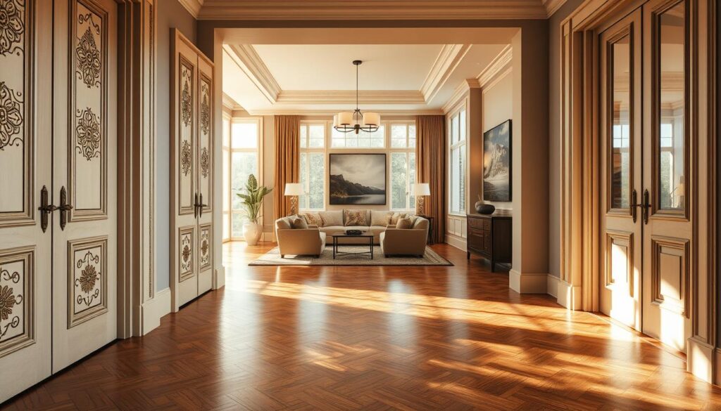 A harmonious interior space showcasing the concept of "palette cohesion motifs." In the foreground, elegant doors with intricate patterns and a polished wooden floor reflect warm hues of beige and taupe, emphasizing a sophisticated palette. In the middle ground, an inviting lounge area features plush seating and tastefully arranged lighting fixtures, casting soft light that highlights the color scheme. The background includes large windows, allowing natural light to filter in, enhancing the overall ambiance. The lens captures the scene at a slightly elevated angle, creating depth. The mood is elegant and cohesive, representing a step-by-step approach to home design, with seamless scale and repetition that ties the various elements together into a unified whole. A harmonious interior space showcasing the concept of "palette cohesion motifs." In the foreground, elegant doors with intricate patterns and a polished wooden floor reflect warm hues of beige and taupe, emphasizing a sophisticated palette. In the middle ground, an inviting lounge area features plush seating and tastefully arranged lighting fixtures, casting soft light that highlights the color scheme. The background includes large windows, allowing natural light to filter in, enhancing the overall ambiance. The lens captures the scene at a slightly elevated angle, creating depth. The mood is elegant and cohesive, representing a step-by-step approach to home design, with seamless scale and repetition that ties the various elements together into a unified whole.