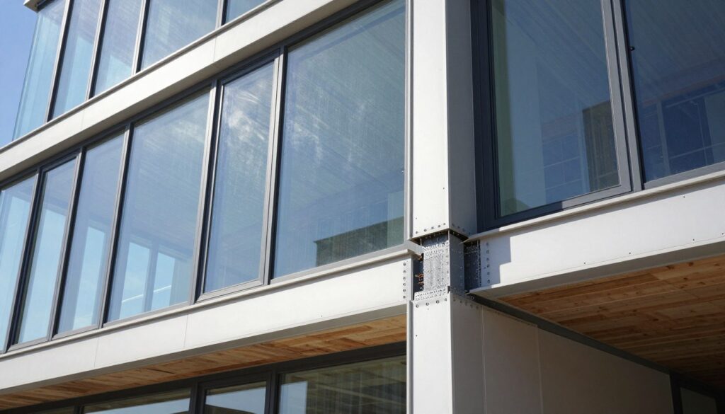 A high-performance envelope construction detail showcasing a modern building's thermal bridge solutions and advanced glazing systems. In the foreground, focus on intricate joint connections between various materials—insulated panels, glass, and framing—highlighting their integration. The middle ground features a sleek facade with large windows, displaying shimmering reflections of the environment and ensuring optimal Solar Heat Gain Coefficient (SHGC). In the background, a clear blue sky enhances the transparency and lightness of the design. The lighting should be bright and natural, emphasizing the transparency of the materials and creating a sense of innovation. The perspective should be slightly angled to convey depth, inviting the viewer into the sustainable architectural concept. The overall mood is professional and inspiring, reflecting cutting-edge sustainability in architecture. A high-performance envelope construction detail showcasing a modern building's thermal bridge solutions and advanced glazing systems. In the foreground, focus on intricate joint connections between various materials—insulated panels, glass, and framing—highlighting their integration. The middle ground features a sleek facade with large windows, displaying shimmering reflections of the environment and ensuring optimal Solar Heat Gain Coefficient (SHGC). In the background, a clear blue sky enhances the transparency and lightness of the design. The lighting should be bright and natural, emphasizing the transparency of the materials and creating a sense of innovation. The perspective should be slightly angled to convey depth, inviting the viewer into the sustainable architectural concept. The overall mood is professional and inspiring, reflecting cutting-edge sustainability in architecture.