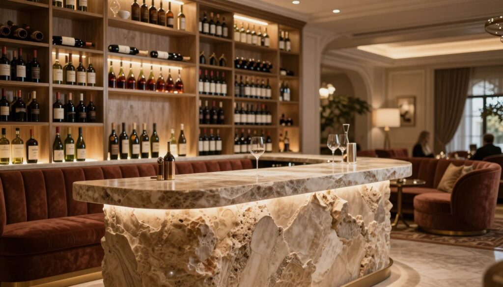A luxurious wine wall design featuring an elegant monolith stone bar in the foreground, showing a polished, textured surface with earthy tones and subtle sheen. Surrounding the bar are beautifully crafted wine racks filled with diverse bottles, illuminated by warm, ambient lighting that creates a cozy atmosphere. In the middle ground, a stylish curved banquette upholstered in rich fabric complements the bar, offering plush seating for social gatherings. The background showcases soft-focus details of an opulent grand salon with tasteful decor, highlighted by soft, diffused lighting that enhances the inviting mood. The scene is captured from a slightly low angle to accentuate the grandeur of the space, evoking a sense of sophistication and warmth, ideal for entertaining guests. A luxurious wine wall design featuring an elegant monolith stone bar in the foreground, showing a polished, textured surface with earthy tones and subtle sheen. Surrounding the bar are beautifully crafted wine racks filled with diverse bottles, illuminated by warm, ambient lighting that creates a cozy atmosphere. In the middle ground, a stylish curved banquette upholstered in rich fabric complements the bar, offering plush seating for social gatherings. The background showcases soft-focus details of an opulent grand salon with tasteful decor, highlighted by soft, diffused lighting that enhances the inviting mood. The scene is captured from a slightly low angle to accentuate the grandeur of the space, evoking a sense of sophistication and warmth, ideal for entertaining guests.