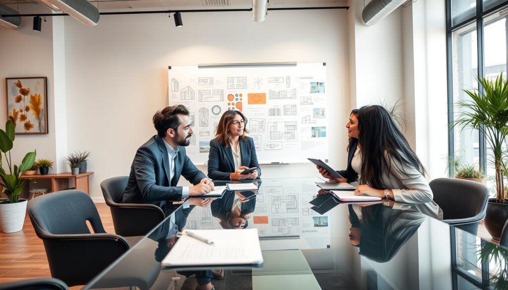 A modern interior design discovery meeting in a stylish office space. In the foreground, a diverse group of four professionals (two men and two women) is seated around a sleek glass table, engaged in discussion. They are dressed in professional business attire, with notebooks and digital devices open in front of them. In the middle ground, a large whiteboard filled with sketches and mood boards showcases various design concepts. The background features a large window with natural light streaming in, illuminating the room and highlighting decorative elements like potted plants and contemporary art. The atmosphere feels collaborative and dynamic, emphasizing creativity and innovation. The angle is slightly elevated, capturing the energy of the meeting while maintaining a warm and inviting mood.