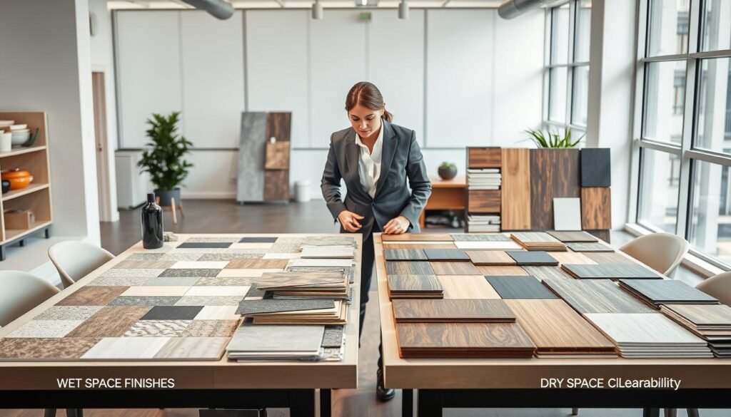 A neatly organized workspace with two tables side by side, one showcasing wet space finishes like textured tiles and glossy vinyl, the other featuring dry space materials such as wood, carpet, and laminate. In the foreground, color swatches and samples are arranged artistically, highlighting their slip resistance and cleanability properties. The middle ground displays a professional designer, dressed in smart business attire, examining the samples with a focused expression. The background features a well-lit, modern office environment with large windows allowing natural light to illuminate the scene. The mood is professional and creative, emphasizing a harmonious blend of aesthetics and functionality in home design. A neatly organized workspace with two tables side by side, one showcasing wet space finishes like textured tiles and glossy vinyl, the other featuring dry space materials such as wood, carpet, and laminate. In the foreground, color swatches and samples are arranged artistically, highlighting their slip resistance and cleanability properties. The middle ground displays a professional designer, dressed in smart business attire, examining the samples with a focused expression. The background features a well-lit, modern office environment with large windows allowing natural light to illuminate the scene. The mood is professional and creative, emphasizing a harmonious blend of aesthetics and functionality in home design.