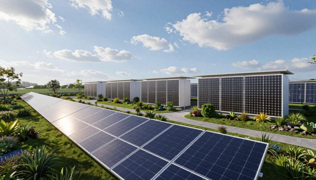 A panoramic view of a modern net-zero estate featuring a sleek solar array positioned prominently in the foreground, with a row of high-capacity battery storage units elegantly integrated into the design. The middle ground showcases lush landscaping, blending nature harmoniously with technology, including native plants and a small winding pathway. In the background, a bright blue sky with fluffy white clouds enhances the scene, while sunlight reflects off the solar panels, casting dynamic shadows. Use a wide-angle lens to capture the expansive layout, with soft, natural lighting to evoke a serene atmosphere. The mood should be one of sustainable luxury and innovation, promoting the concept of renewable energy seamlessly integrated into everyday living. A panoramic view of a modern net-zero estate featuring a sleek solar array positioned prominently in the foreground, with a row of high-capacity battery storage units elegantly integrated into the design. The middle ground showcases lush landscaping, blending nature harmoniously with technology, including native plants and a small winding pathway. In the background, a bright blue sky with fluffy white clouds enhances the scene, while sunlight reflects off the solar panels, casting dynamic shadows. Use a wide-angle lens to capture the expansive layout, with soft, natural lighting to evoke a serene atmosphere. The mood should be one of sustainable luxury and innovation, promoting the concept of renewable energy seamlessly integrated into everyday living.
