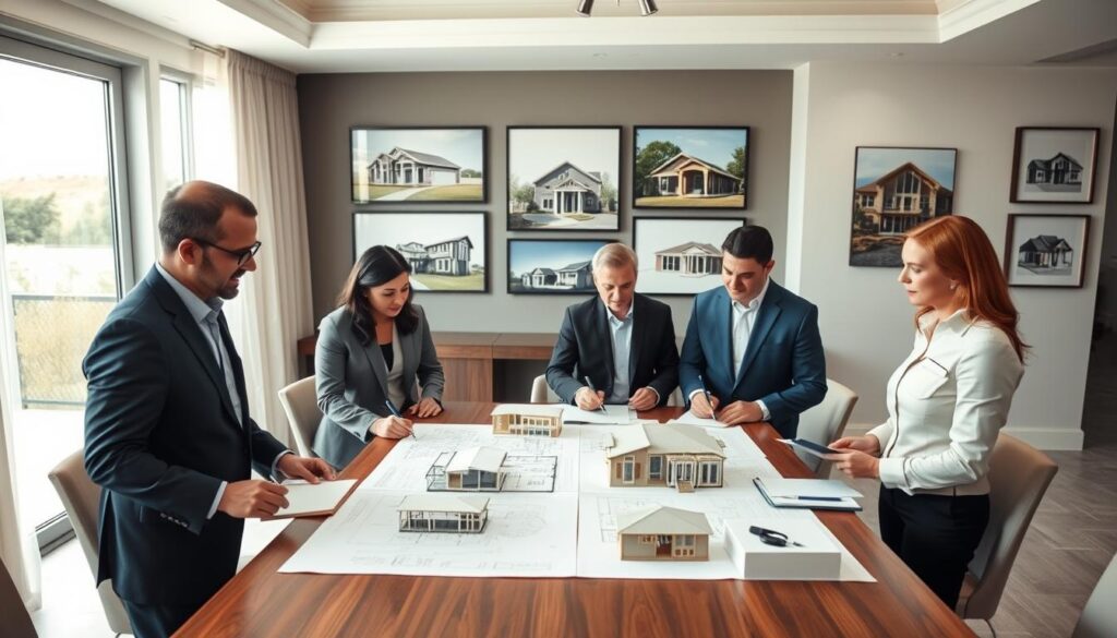 A professional meeting in an elegantly designed conference room, where custom home builders and clients review architectural drawings on a large table. In the foreground, a diverse group of two builders and two clients, all dressed in smart business attire, closely examines detailed blueprints with markers and notepads in hand. In the middle, a large window allows natural light to flood the room, highlighting the architectural models and materials samples arranged neatly on the table. The background features a wall showcasing framed images of completed custom homes, creating a sense of accomplishment and professionalism. The mood is focused and collaborative, emphasizing clarity and alignment on construction allowances and project scope. The image is captured from a slightly elevated angle to encompass the teamwork and engagement, with a warm, inviting atmosphere.
