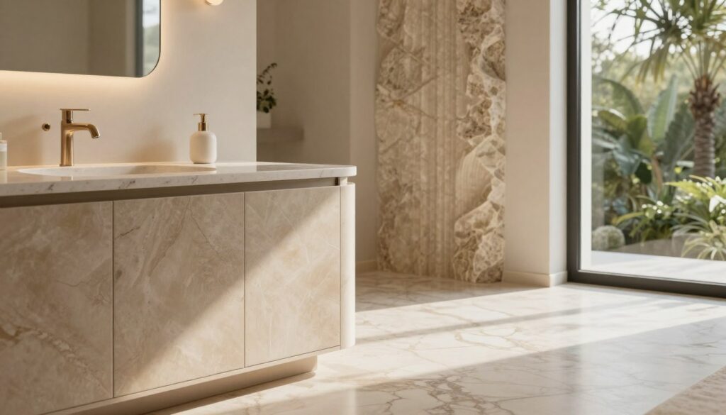 A serene spa-inspired primary suite emphasizing biophilic design and material tactility. In the foreground, showcase a luxurious Tadelakt finish on cabinetry, featuring smooth, organic textures that reflect soft ambient lighting. In the middle ground, include elegant Travertine flooring with its distinct natural patterns, contrasted by a beautifully fluted stone accent on the wall, capturing the essence of nature indoors. The background reveals large windows that allow gentle, diffused sunlight to filter in, creating a tranquil atmosphere with lush greenery visible outside, adding depth and a connection to nature. The overall mood is calming and inviting, embodying wellness and harmony, captured through a soft focus lens at a slight angle, highlighting the intricate details of each material. A serene spa-inspired primary suite emphasizing biophilic design and material tactility. In the foreground, showcase a luxurious Tadelakt finish on cabinetry, featuring smooth, organic textures that reflect soft ambient lighting. In the middle ground, include elegant Travertine flooring with its distinct natural patterns, contrasted by a beautifully fluted stone accent on the wall, capturing the essence of nature indoors. The background reveals large windows that allow gentle, diffused sunlight to filter in, creating a tranquil atmosphere with lush greenery visible outside, adding depth and a connection to nature. The overall mood is calming and inviting, embodying wellness and harmony, captured through a soft focus lens at a slight angle, highlighting the intricate details of each material.