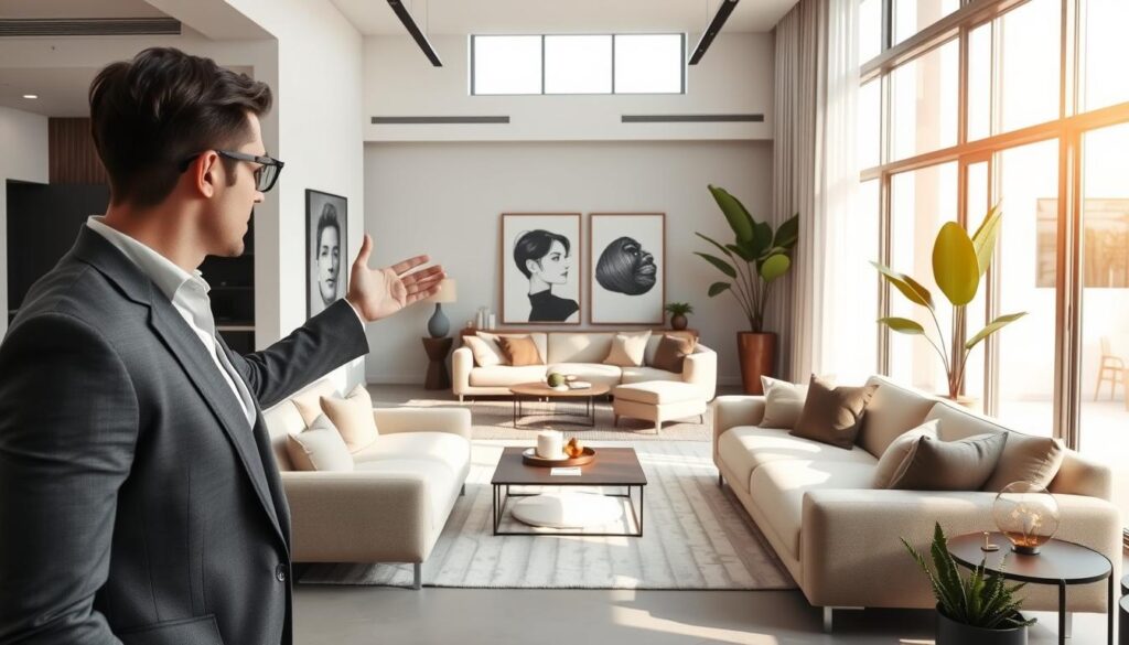 A sophisticated interior design studio featuring a seamless spatial flow that embodies modern luxury. In the foreground, a stylish designer wearing professional attire gestures towards an elegant arrangement of furniture, showcasing harmonious proportion and rhythm. The middle ground displays a beautifully appointed living space with muted color palettes, luxurious textures, and strategically placed artworks that enhance the room’s openness. Soft, natural daylight filters through large windows, highlighting the space's refined details and creating warm shadows. The background features large potted plants and minimalistic architecture, contributing to a tranquil and upscale atmosphere. Capture this moment from a slightly elevated angle, emphasizing the cohesive design elements that define contemporary luxury living.