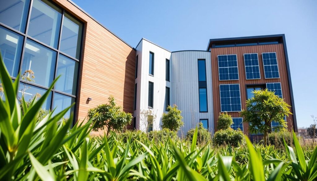 A stunning high-performance building envelope designed with sustainable materials, balancing aesthetics and functionality. In the foreground, large windows invite natural light, surrounded by green landscaping showcasing various native plants. The middle ground features the sleek, modern design of the building, highlighting its advanced insulation technology and solar panels integrated into the façade. In the background, a clear blue sky complements the structure's eco-friendly features. The image should be captured from a low angle to emphasize the height and sophistication of the building against the landscape. The lighting is bright and inviting, creating a warm and positive atmosphere, indicative of a sustainable living environment. No human figures present.