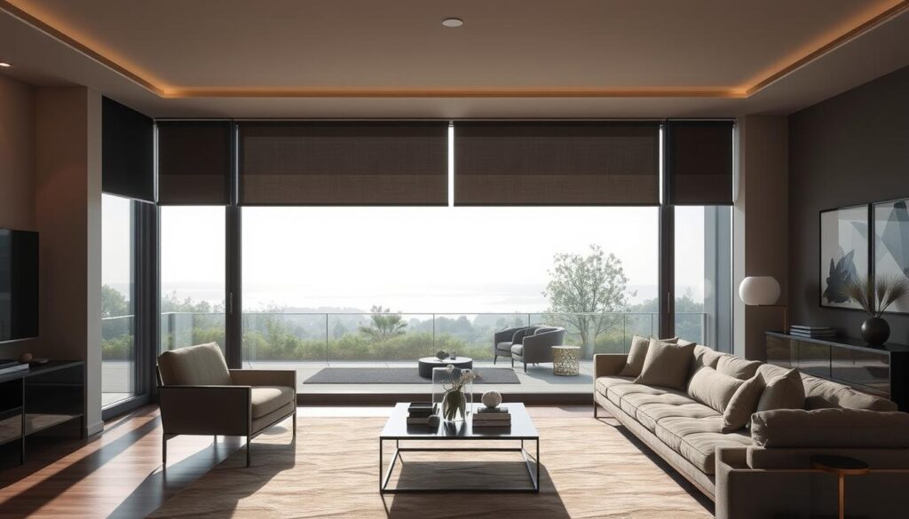 A stylish, modern living room featuring precision motorized shading integration. In the foreground, showcase sleek roller shades made of high-quality fabric in muted tones, effortlessly pulling down from a discreet fascia. The middle ground reveals a large, expansive window overlooking a serene outdoor scene, casting soft natural light into the space. Include elegant furnishings, such as a minimalist coffee table and plush sofa, arranged around the room. In the background, add elements of smart technology seamlessly integrated into the home's design, showcasing an innovative control panel for the shading system. The ambiance is calm and refined, highlighting a balance between luxury and functionality, with soft shadows and a warm glow from strategically placed lighting.