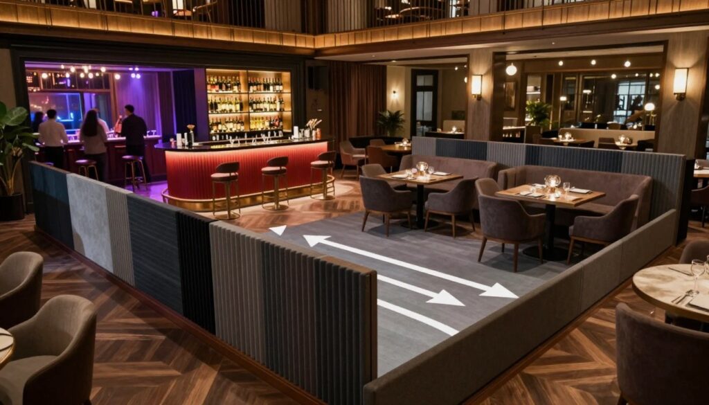 An acoustic zoning design diagram illustrating distinct areas within a grand salon setting, featuring a lively party zone contrasted with an intimate seating area. In the foreground, detailed graphical representations of sound panels and acoustic barriers, with arrows indicating sound flow and absorption. The middle layer showcases the layout of furniture, including a vibrant bar and elegant wine display that caters to both ambiance and function. The background captures the architecture of the salon, adorned with soft, warm lighting to enhance the inviting atmosphere. The color palette blends rich, warm tones for the party area with cooler, subdued hues for the intimate zone, evoking a sophisticated yet inviting mood. The perspective is slightly elevated to provide a comprehensive view of the zoning layout and design elements. An acoustic zoning design diagram illustrating distinct areas within a grand salon setting, featuring a lively party zone contrasted with an intimate seating area. In the foreground, detailed graphical representations of sound panels and acoustic barriers, with arrows indicating sound flow and absorption. The middle layer showcases the layout of furniture, including a vibrant bar and elegant wine display that caters to both ambiance and function. The background captures the architecture of the salon, adorned with soft, warm lighting to enhance the inviting atmosphere. The color palette blends rich, warm tones for the party area with cooler, subdued hues for the intimate zone, evoking a sophisticated yet inviting mood. The perspective is slightly elevated to provide a comprehensive view of the zoning layout and design elements.